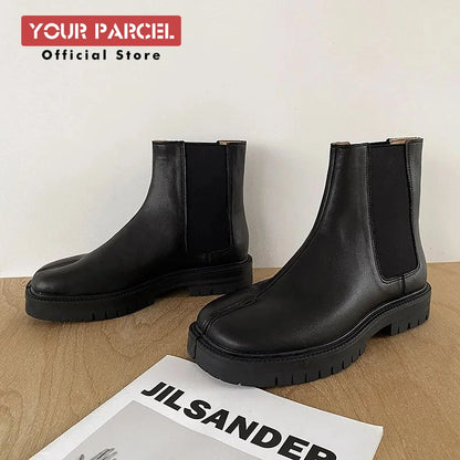 Split toe shoes for men's Chelsea boots square toe high top leather boots horseshoe shoes thick heels for women's thick soled sh