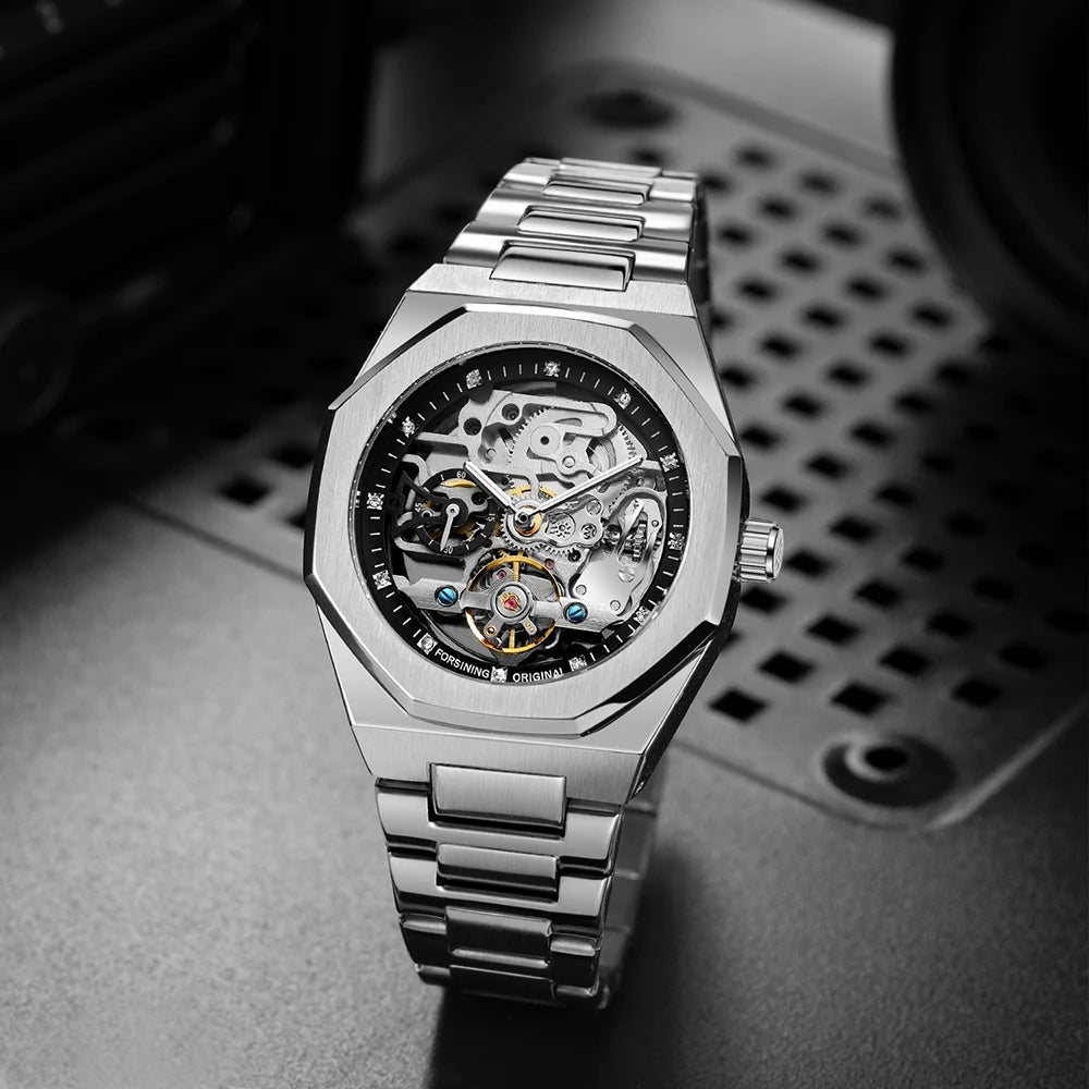 Forsining Casual Automatic Mechanical Watch for Men Luminous Hands Stainless Steel Strap Fashion Luxury Skeleton Mens Watches