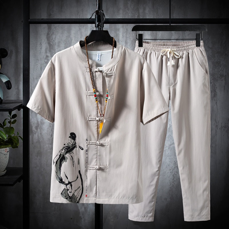 Men's Cotton and linen casual Two Piece (Shirt + trousers) Dress Set (4 Colors)