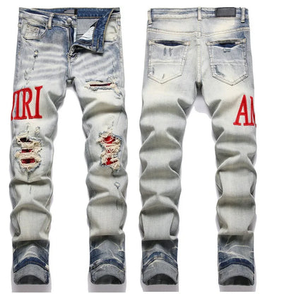 High Street Stretch Embroidery Men's Jeans: Ripped Streetwear, Punk Style, Slim Fit, Small Feet, Fashionable Denim Pants for Men - Collection 2 - 11 Colors/Styles