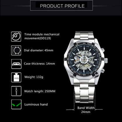 WINNER Classic Skeleton Watch for Men Luminous Hands Mechanical Watches Stainless Steel Strap Luxury Brand Forsining Wristwatch