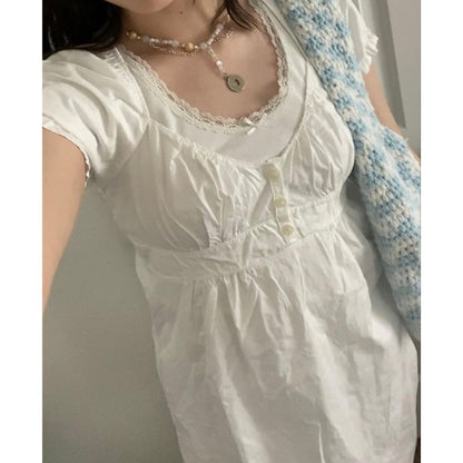 Women's Ruffle Top Buttons Kawaii Crop Tops Cute E-girl Short Sleeve Shirt (5 Colors)
