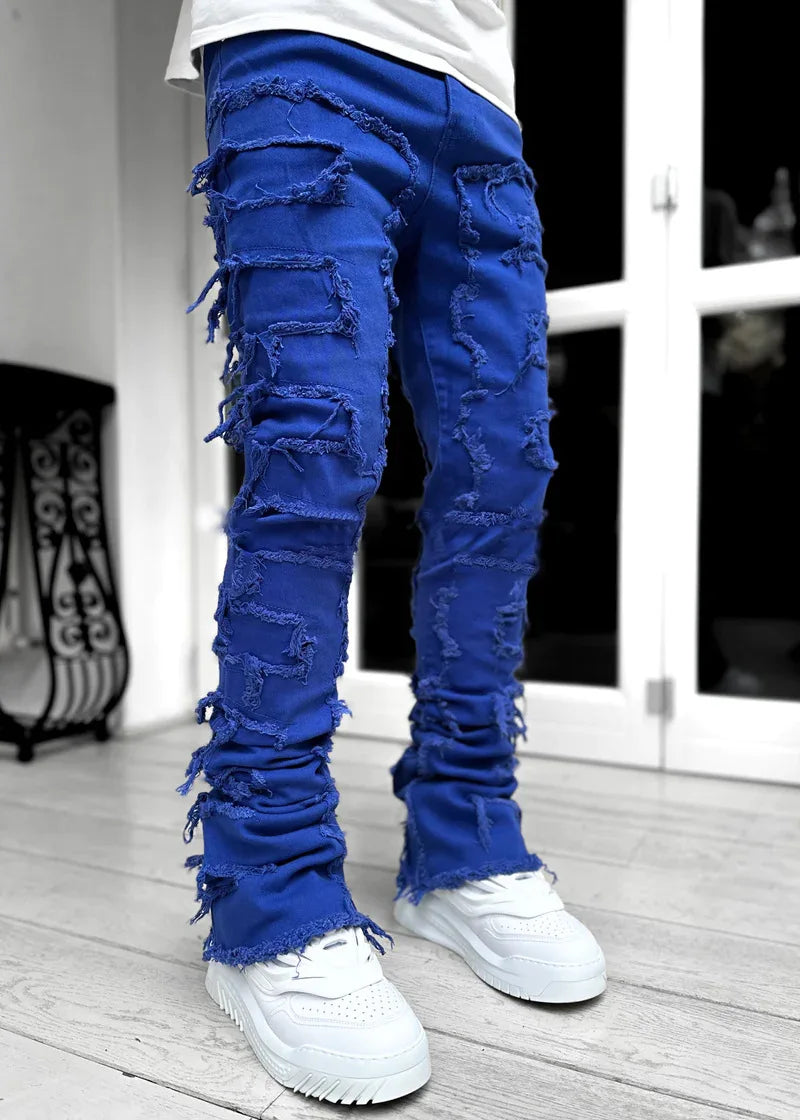 Men's Regular Fit Stacked Jeans: Ripped Slim Fit, Patch Distressed, Destroyed Straight Denim Pants, Hip Hop Streetwear Trousers - 10 Colors/Styles