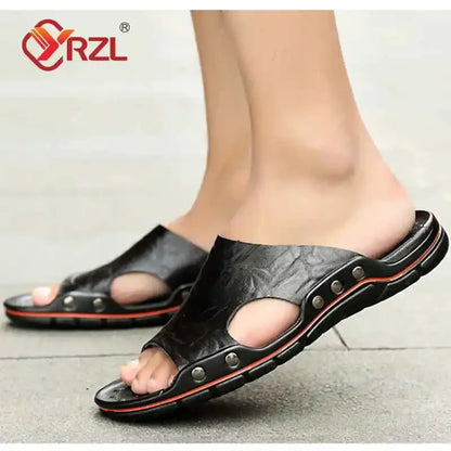 YRZL Sandals Mens Leather Classic Summer Men Slippers Soft Black Slippers PU Leather Slippers Lightweight EVA Slides for Men