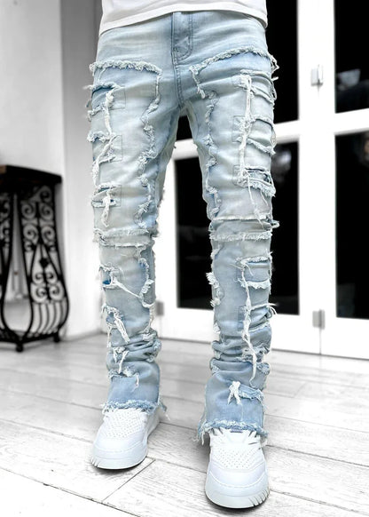 Men's Regular Fit Stacked Jeans: Ripped Slim Fit, Patch Distressed, Destroyed Straight Denim Pants, Hip Hop Streetwear Trousers - 10 Colors/Styles