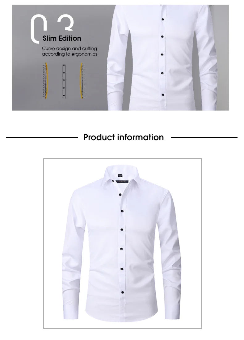 New High-Quality Men's Shirt: 6XL Large Autumn/Winter Long Sleeve, No-Iron Pure White Business Casual Fashion Shirt - 11 Colors