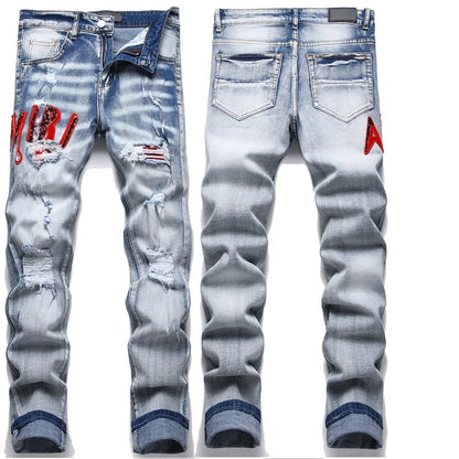 High Street Stretch Embroidery Men's Jeans: Ripped Streetwear, Punk Style, Slim Fit, Small Feet, Fashionable Denim Pants for Men - Collection 1 - 11 Colors/Styles