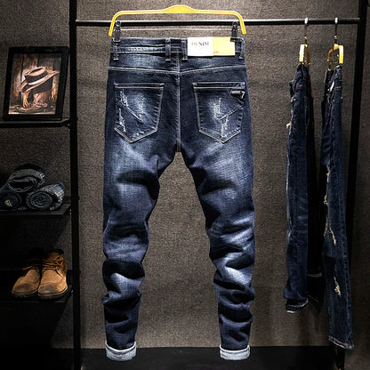 New Ripped Jeans for Men: Slim-Fit Denim Pants, Cotton, Korean Style, Elasticity, Versatile Blue & Black Men's Fashion