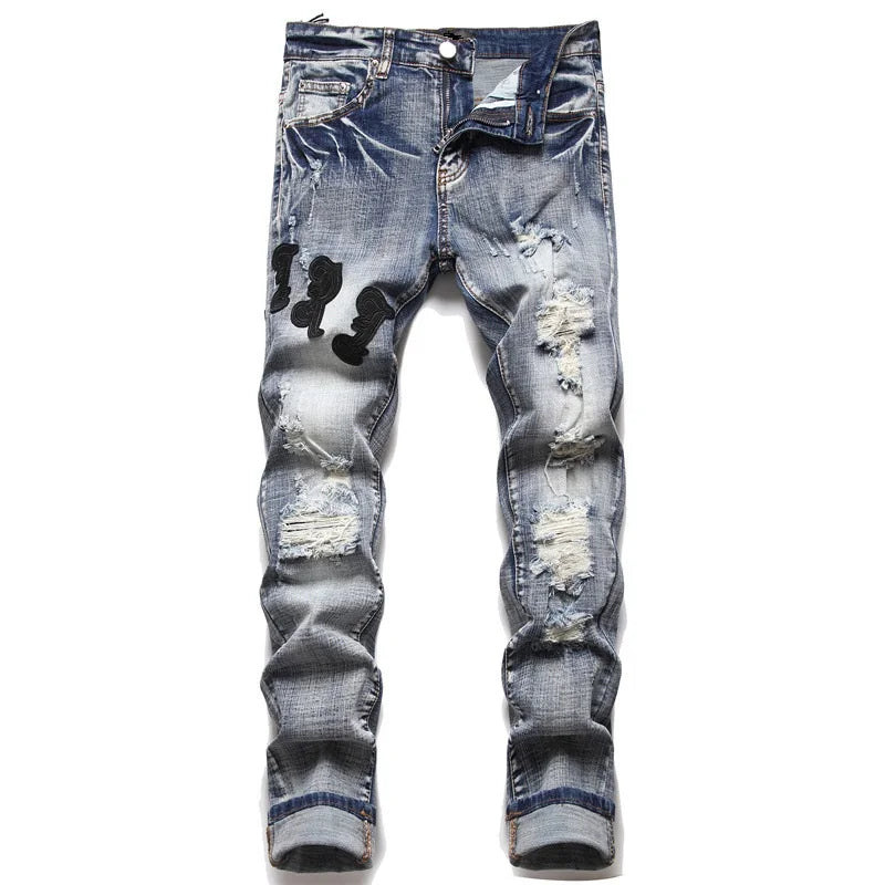 High Street Stretch Embroidery Men's Jeans: Ripped Streetwear, Punk Style, Slim Fit, Small Feet, Fashionable Denim Pants for Men - Collection 2 - 11 Colors/Styles