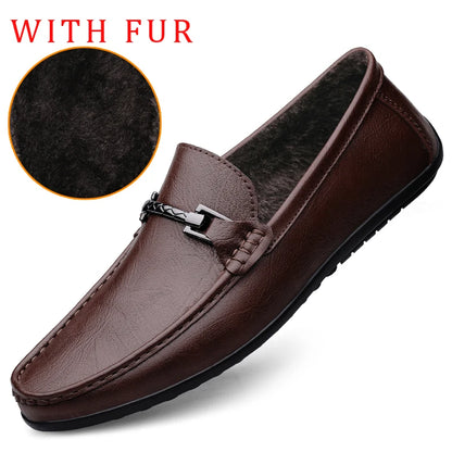 Genuine Leather Loafers Men Design Moccasin Fashion Slip On Soft Flat Casual Men Shoes Adult Male Footwear Handmade Boat Shoes with Fur Inside