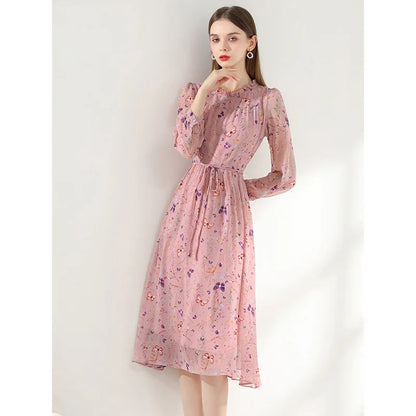 Women's Elegant Floral Print Pink Dress: Casual Long Sleeve Slim A-Line Dresses for Office - Autumn Winter Vestido