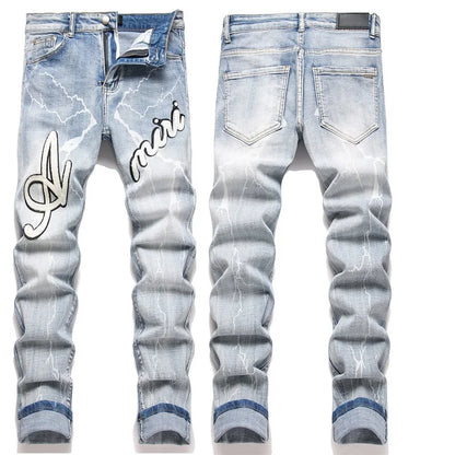 High Street Stretch Embroidery Men's Jeans: Ripped Streetwear, Punk Style, Slim Fit, Small Feet, Fashionable Denim Pants for Men - Collection 2 - 11 Colors/Styles