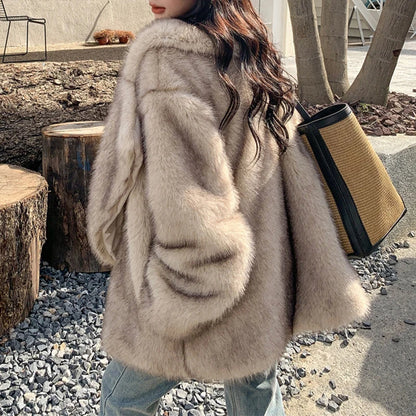 Luxury Brand Fashion Gradient Animal Color Faux Fur Coat Jacket: Women's Winter Loose Oversized Long Fluffy Overcoat Outerwear - Available in 8 Colors