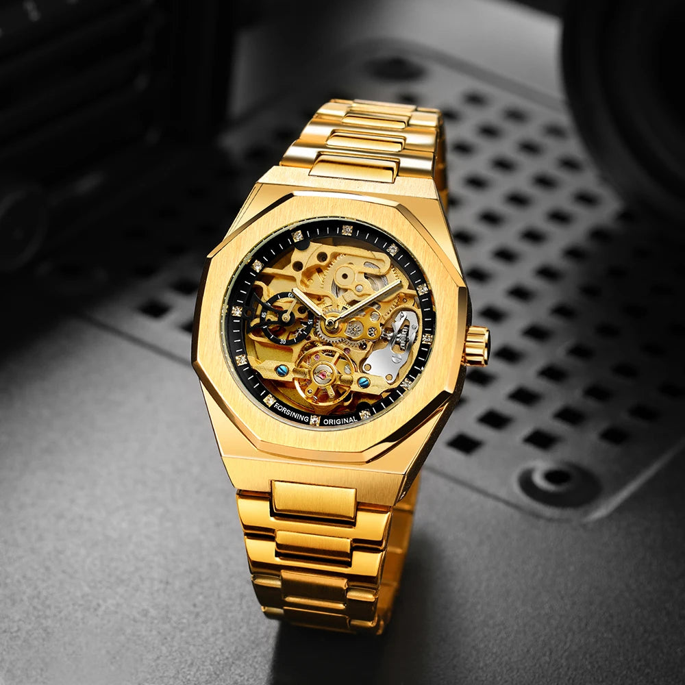 Forsining Casual Automatic Mechanical Watch for Men Luminous Hands Stainless Steel Strap Fashion Luxury Skeleton Mens Watches