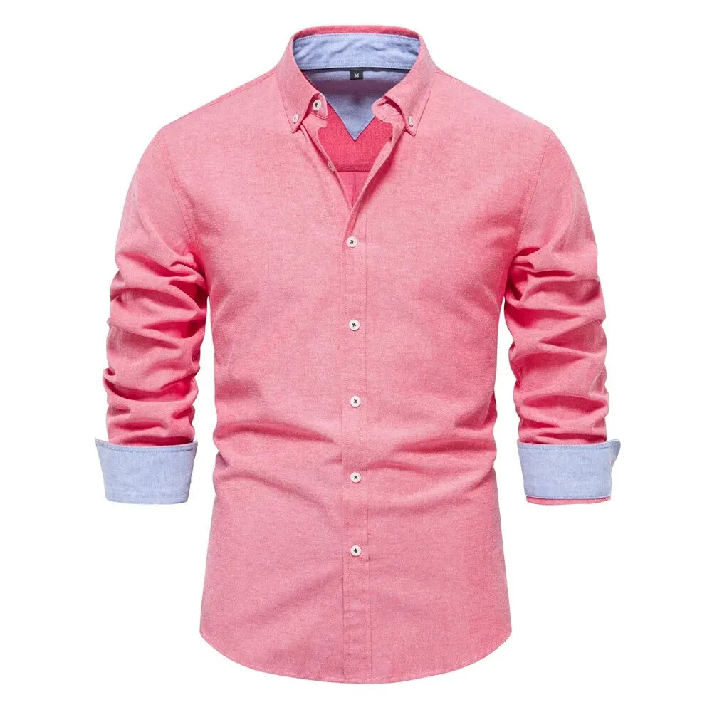 New Spring Cotton Blend Men's Oxford Shirt: Long Sleeve Button-Down Social & Business Casual Shirt for Men - 7 Colors