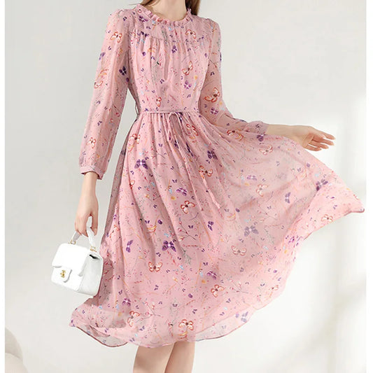 Women's Elegant Floral Print Pink Dress: Casual Long Sleeve Slim A-Line Dresses for Office - Autumn Winter Vestido