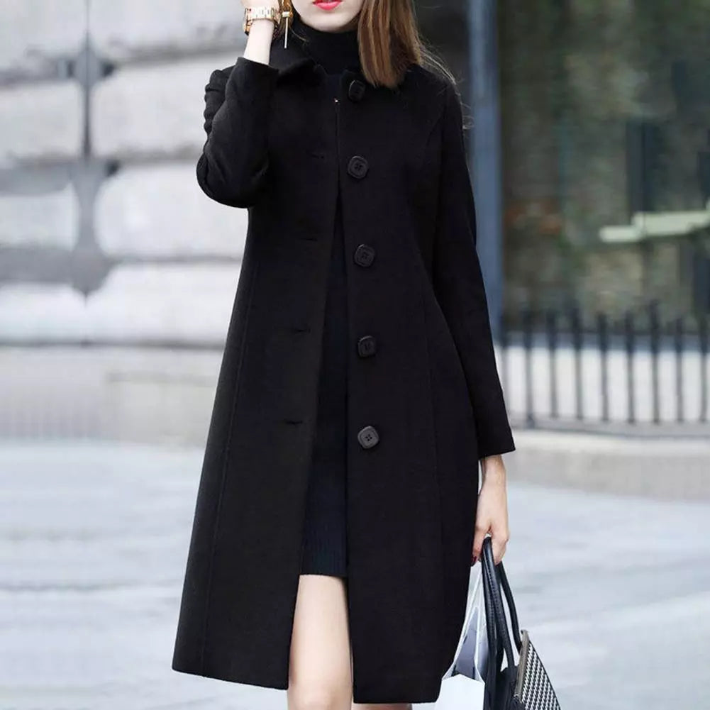 Autumn Women's Coat: Mid-Length Single-Breasted Solid Color Jacket with Turn-Down Collar - Elegant, Soft, Plus Size Warm Winter Outerwear, Available in 3 Colors