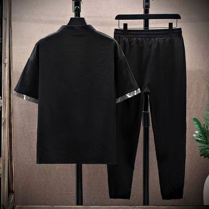 Men's short sleeve print pattern elastic waist Two-piece Suit (Shirt + trousers) (3 Colors))