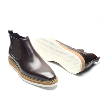 British Style Cow Genuine Leather Men's Chelsea Ankle Boots Slip-on Elastic Band High Top Sneakers Casual Dress Boot for Men