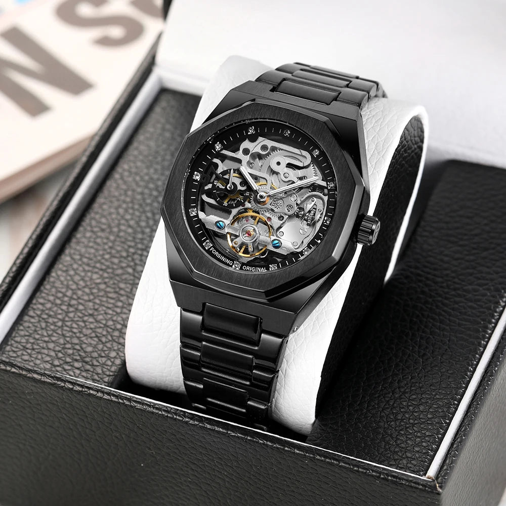 Forsining Casual Automatic Mechanical Watch for Men Luminous Hands Stainless Steel Strap Fashion Luxury Skeleton Mens Watches