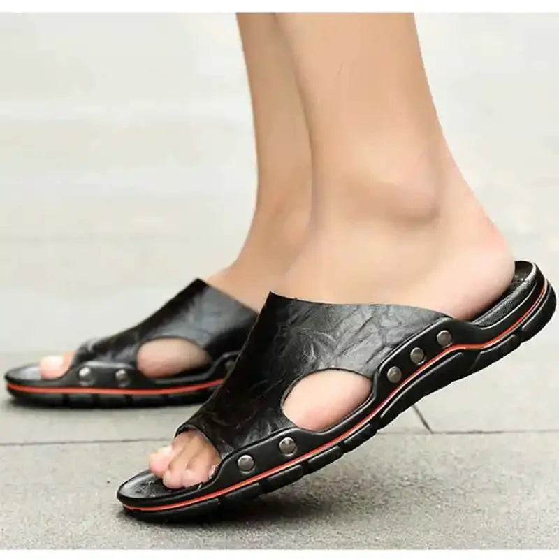 YRZL Sandals Mens Leather Classic Summer Men Slippers Soft Black Slippers PU Leather Slippers Lightweight EVA Slides for Men