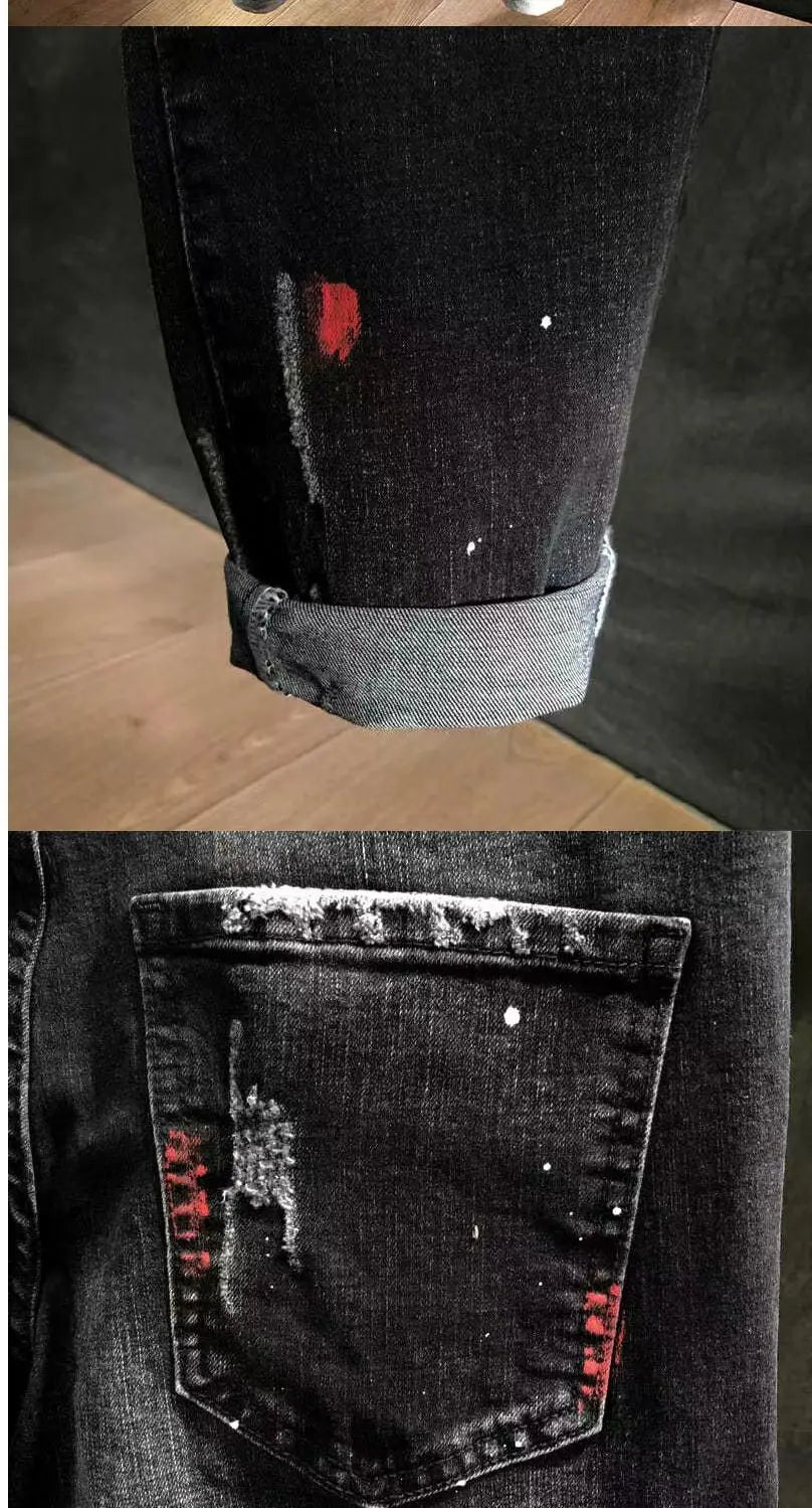 Men's Korean Style Ripped Hole Black Denim Jeans: Luxury Slim Fit Cowboy Ink Dotting Pants for Hip Hop Workwear