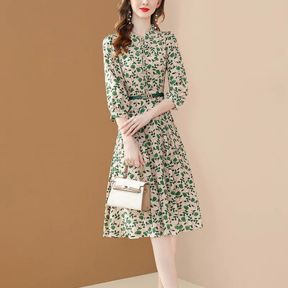 Women's Chiffon Dress: Elegant A-Line Dress with Belt and Puff Sleeves for Spring Parties - Big Swing Slim Fit Vestido
