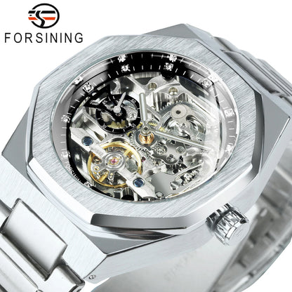 Forsining Casual Automatic Mechanical Watch for Men Luminous Hands Stainless Steel Strap Fashion Luxury Skeleton Mens Watches