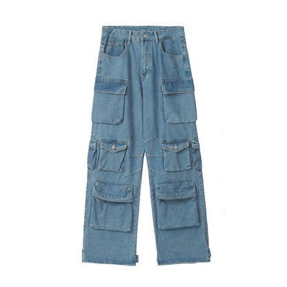 Women's Multi-Pocket Blue Washed High Waist Wide Leg Cargo Twill/Jeans (4 Colors)