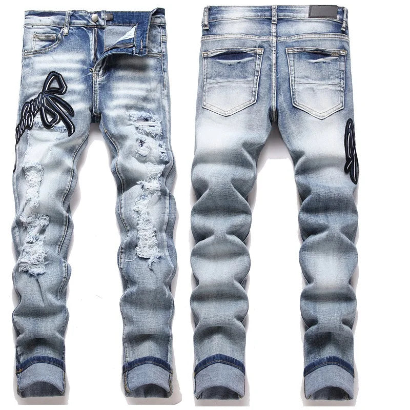 High Street Stretch Embroidery Men's Jeans: Ripped Streetwear, Punk Style, Slim Fit, Small Feet, Fashionable Denim Pants for Men - Collection 2 - 11 Colors/Styles