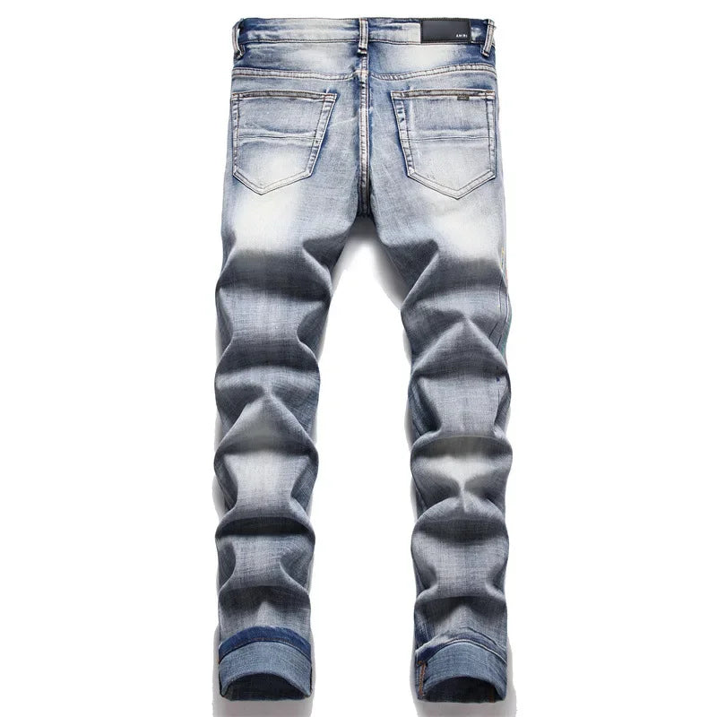 High Street Stretch Embroidery Men's Jeans: Ripped Streetwear, Punk Style, Slim Fit, Small Feet, Fashionable Denim Pants for Men - Collection 2 - 11 Colors/Styles