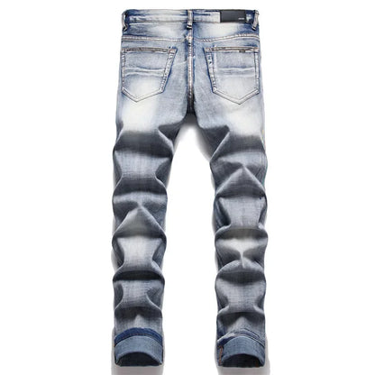 High Street Stretch Embroidery Men's Jeans: Ripped Streetwear, Punk Style, Slim Fit, Small Feet, Fashionable Denim Pants for Men - Collection 2 - 11 Colors/Styles