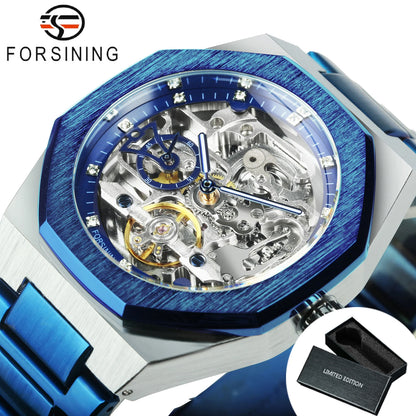 Forsining Casual Automatic Mechanical Watch for Men Luminous Hands Stainless Steel Strap Fashion Luxury Skeleton Mens Watches