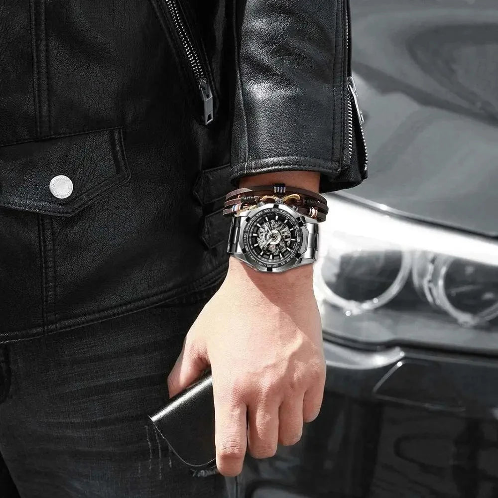 WINNER Classic Skeleton Watch for Men Luminous Hands Mechanical Watches Stainless Steel Strap Luxury Brand Forsining Wristwatch