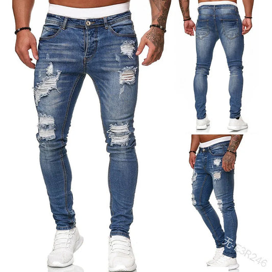 Men's Ripped Mid Waist Slim Fit Jeans: Vintage Denim Wash with Distressed Holes, Punk Style Skinny Ankle Length Pants - 3 Colors