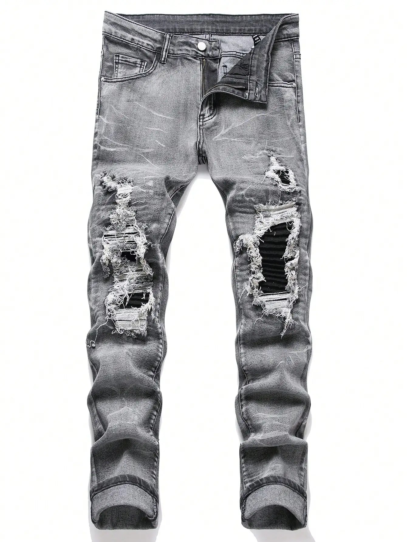 Men's Stretchy Denim Jeans: Streetwear Tearing Patchwork, Ripped Holes, Elastic Waist, Slim Fit, Straight Casual Pants - 2 Colors