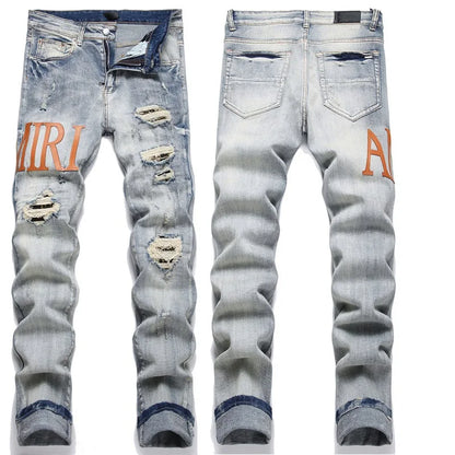 High Street Stretch Embroidery Men's Jeans: Ripped Streetwear, Punk Style, Slim Fit, Small Feet, Fashionable Denim Pants for Men - Collection 2 - 11 Colors/Styles