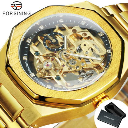 Forsining Casual Automatic Mechanical Watch for Men Luminous Hands Stainless Steel Strap Fashion Luxury Skeleton Mens Watches