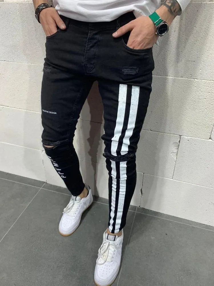 Men's Knee Hole Ripped Stretch Skinny Jeans: Black & Blue Denim, Slim Fit, Hip-Hop Style, S-4XL, Autumn & Summer Casual Trousers - Collection 1 - 10 Colors/Styles