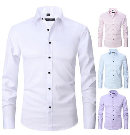 New High-Quality Men's Shirt: 6XL Large Autumn/Winter Long Sleeve, No-Iron Pure White Business Casual Fashion Shirt - 11 Colors