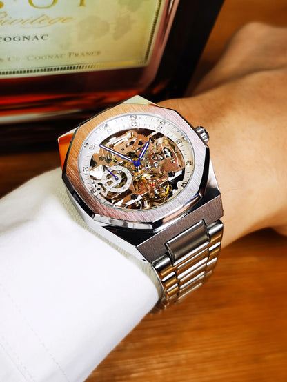 Forsining Casual Automatic Mechanical Watch for Men Luminous Hands Stainless Steel Strap Fashion Luxury Skeleton Mens Watches