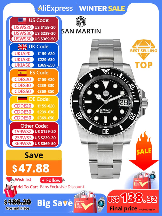 San Martin New 40mm Water Ghost Diver Watch Men Luxury Business NH35 Automatic Mechanical Watch Sapphire Waterproof 200m SN0017