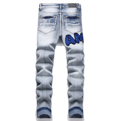 High Street Stretch Embroidery Men's Jeans: Ripped Streetwear, Punk Style, Slim Fit, Small Feet, Fashionable Denim Pants for Men - Collection 2 - 11 Colors/Styles