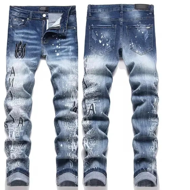 High Street Stretch Embroidery Men's Jeans: Ripped Streetwear, Punk Style, Slim Fit, Small Feet, Fashionable Denim Pants for Men - Collection 2 - 11 Colors/Styles