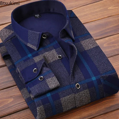 Men's Flannel Plaid Shirt: Winter Warm Fur-Lined Long Sleeve Fleece Casual Formal Dress Shirt - 15 styles