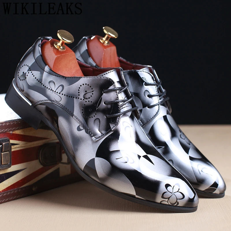 Floral Pattern Men's Office Dress Shoes: Leather Luxury Fashion for Groom's Wedding - Oxford Style, Available in 4 Colors