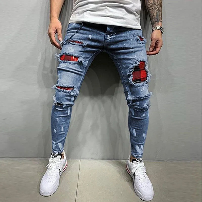 Men's Knee Hole Ripped Stretch Skinny Jeans: Black & Blue Denim, Slim Fit, Hip-Hop Style, S-4XL, Autumn & Summer Casual Trousers - Collection 2 - 9 Colors/Styles