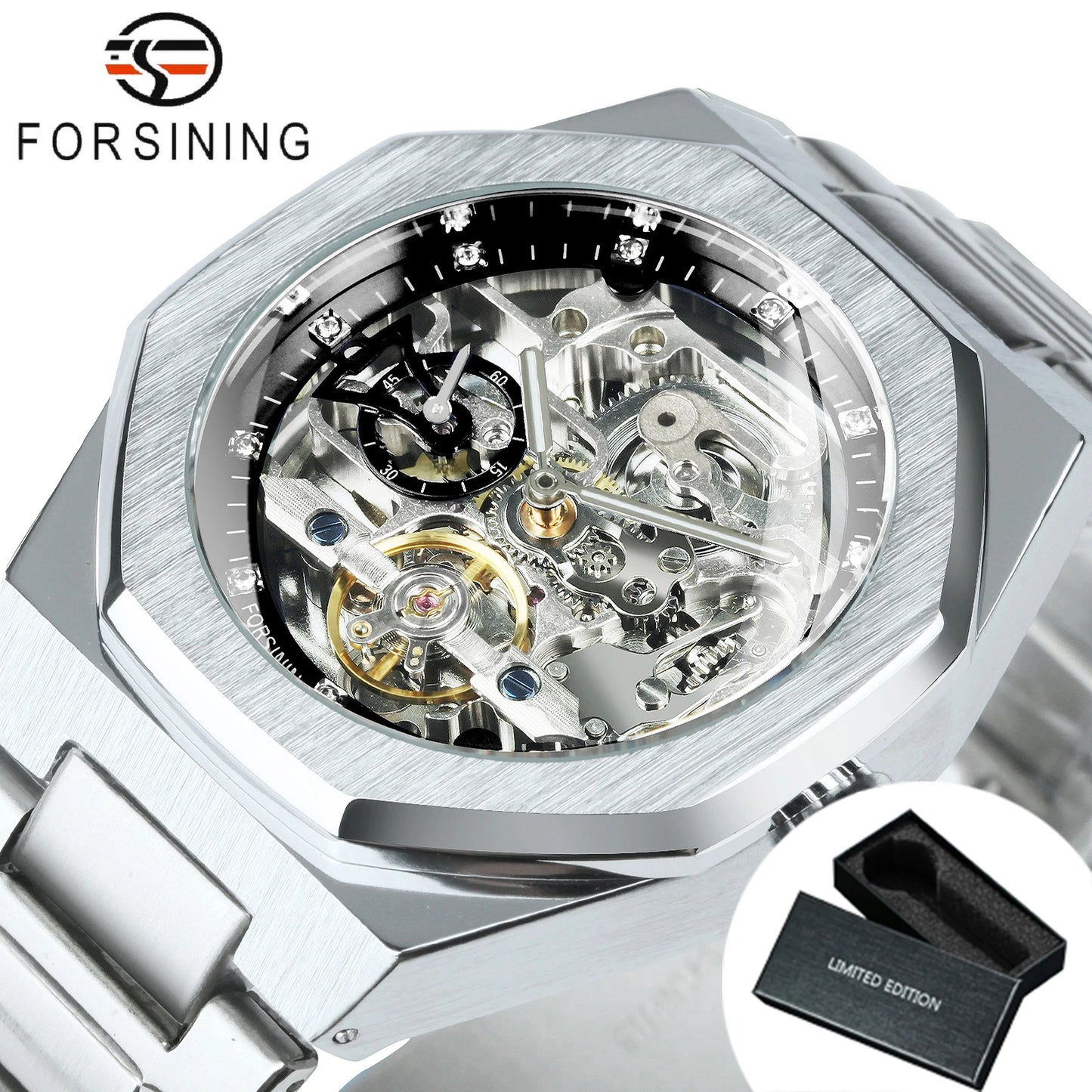 Forsining Casual Automatic Mechanical Watch for Men Luminous Hands Stainless Steel Strap Fashion Luxury Skeleton Mens Watches