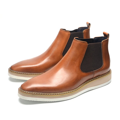 British Style Cow Genuine Leather Men's Chelsea Ankle Boots Slip-on Elastic Band High Top Sneakers Casual Dress Boot for Men