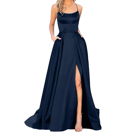 Elegant Navy Blue Maxi Dress: High-Split Sleeveless Party Dress with Lace-Up Backless Design and High Waist - Available in 16 Colors